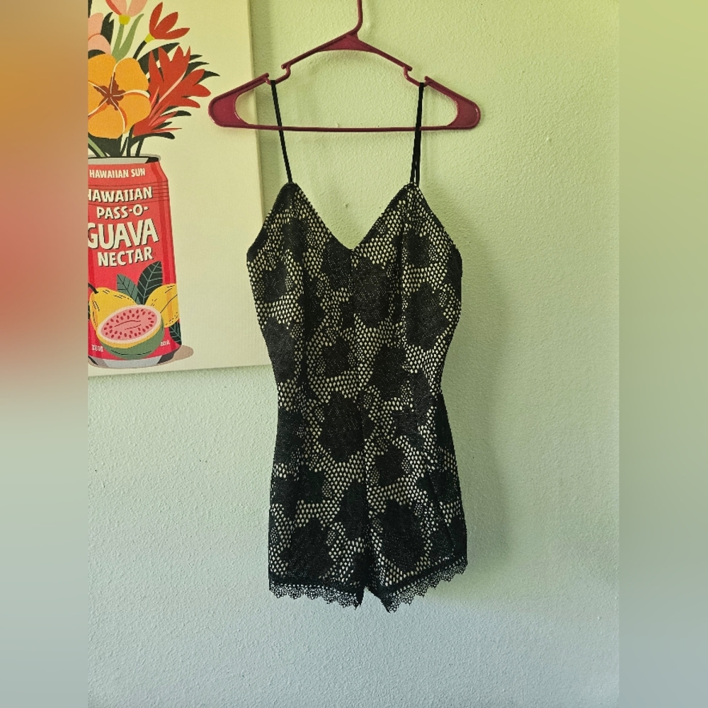 Chic Black and White Lace Romper with Sheer Overlay